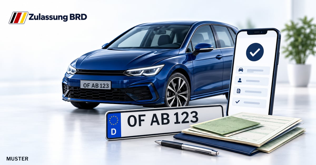 Online Fahrzeugzulassung in Mainhausen: Musterkennzeichen OF AB 123, Auto und Fahrzeugpapiere und Smartphone. Illustration mit Logo von Zulassung BRD.